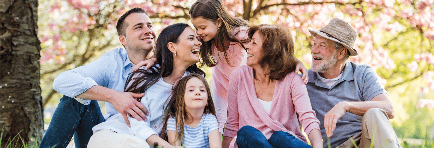 Family sitting in front of springtime cherry blossoms